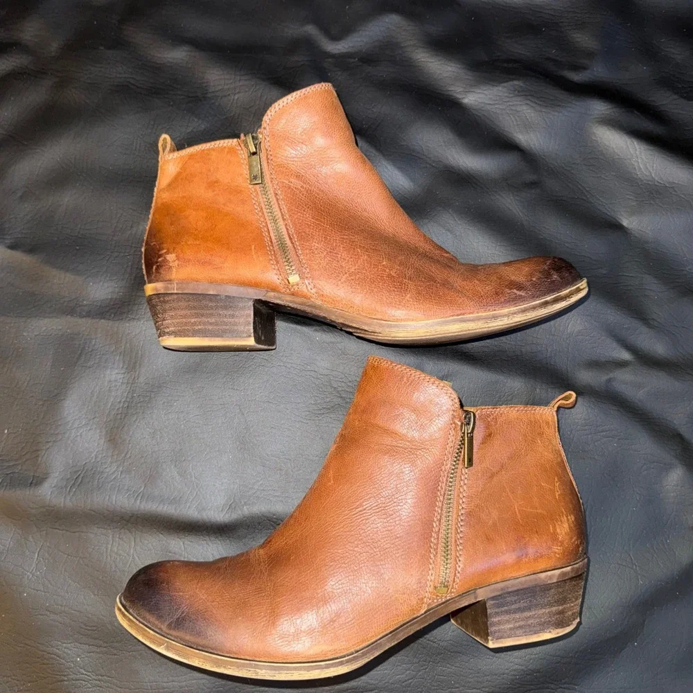Lucky Brand Basel Cognac Brown Leather Ankle Booties Dual Zip Woman's 11M/41